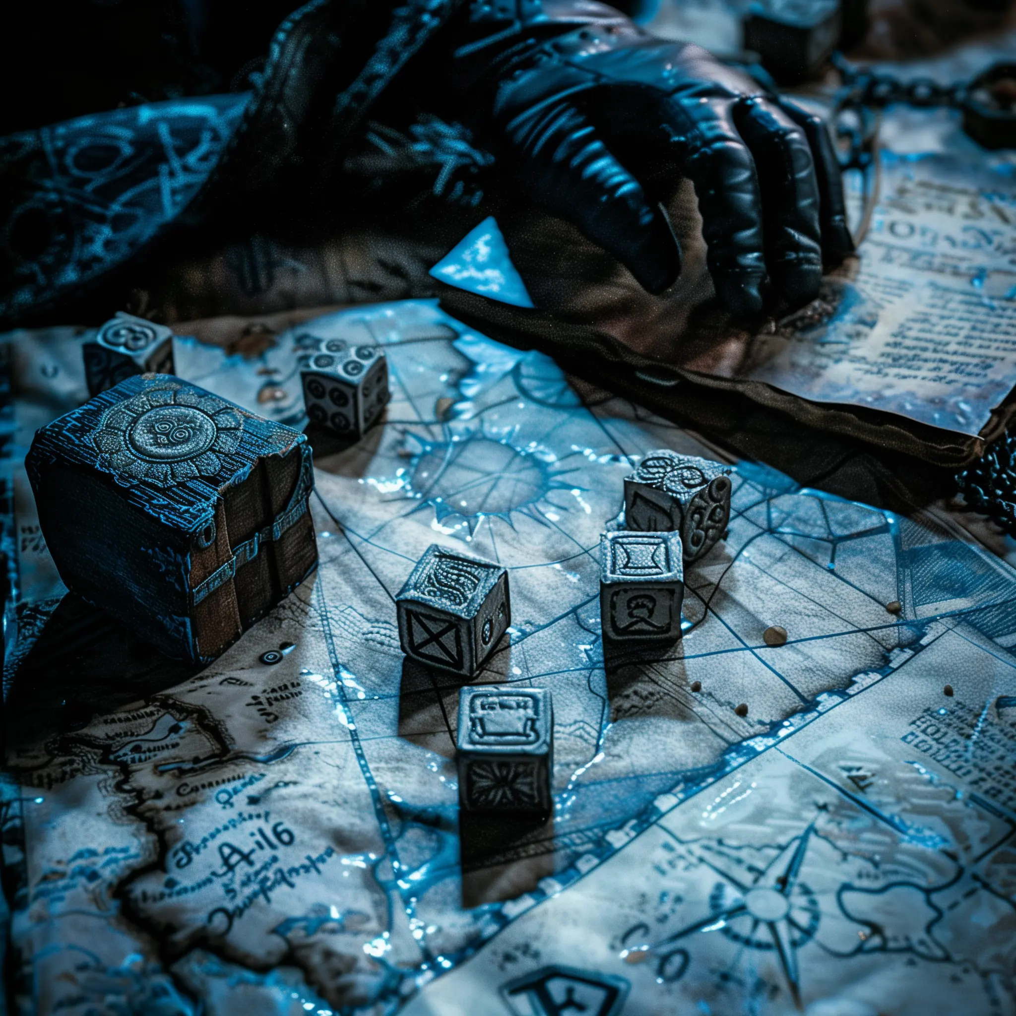 Carved dice over a weathered map